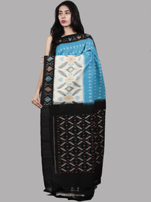 Sky Blue Black Ivory Ikat Handwoven Pochampally Mercerized Cotton Saree - S031701487