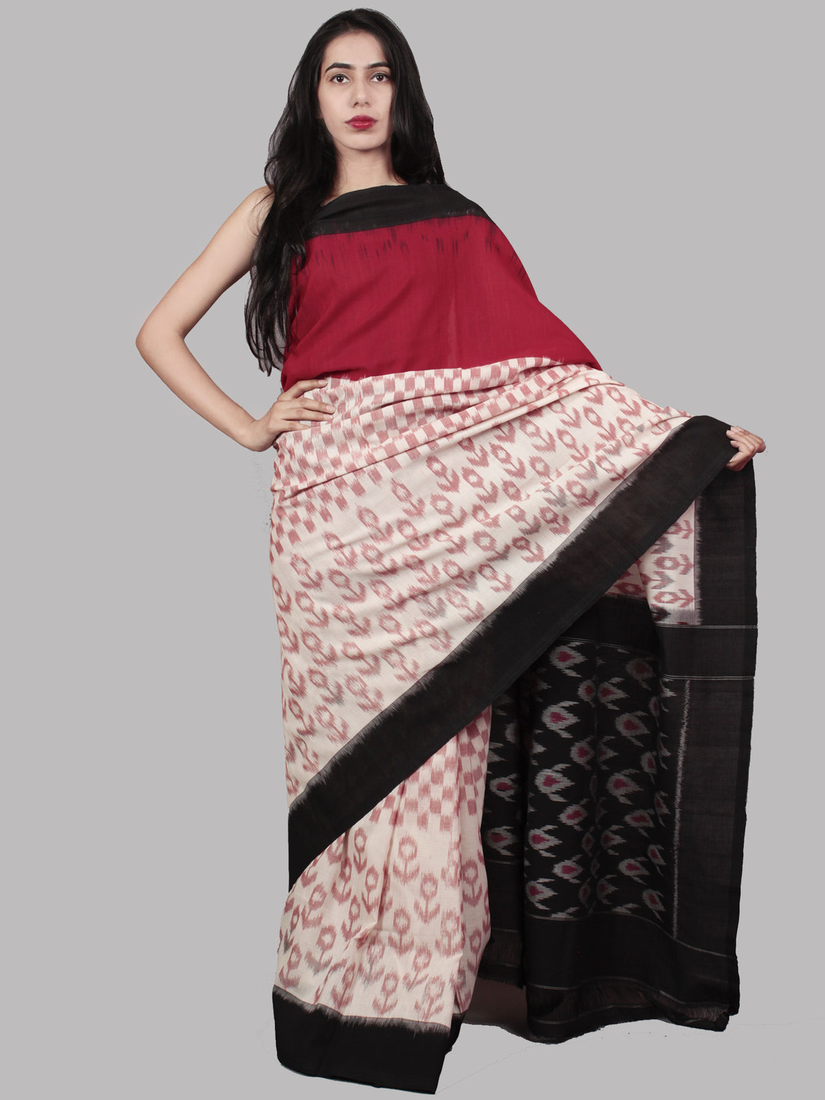 Ivory Red Black Pink Ikat Handwoven Pochampally Mercerized Cotton Saree - S031701490