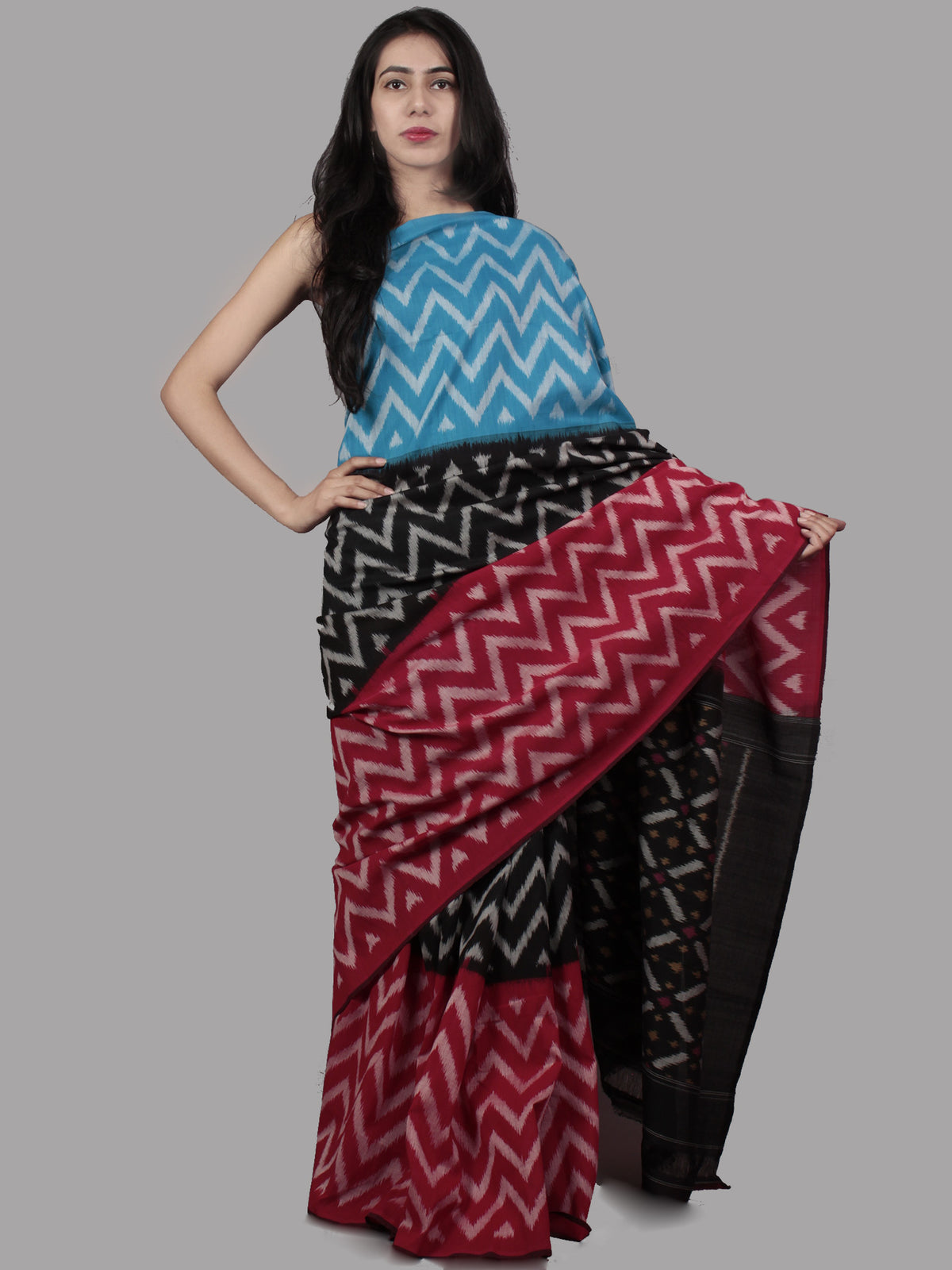 Sky Blue Black Maroon Grey Ivory Ikat Handwoven Pochampally Mercerized Cotton Saree - S031701494