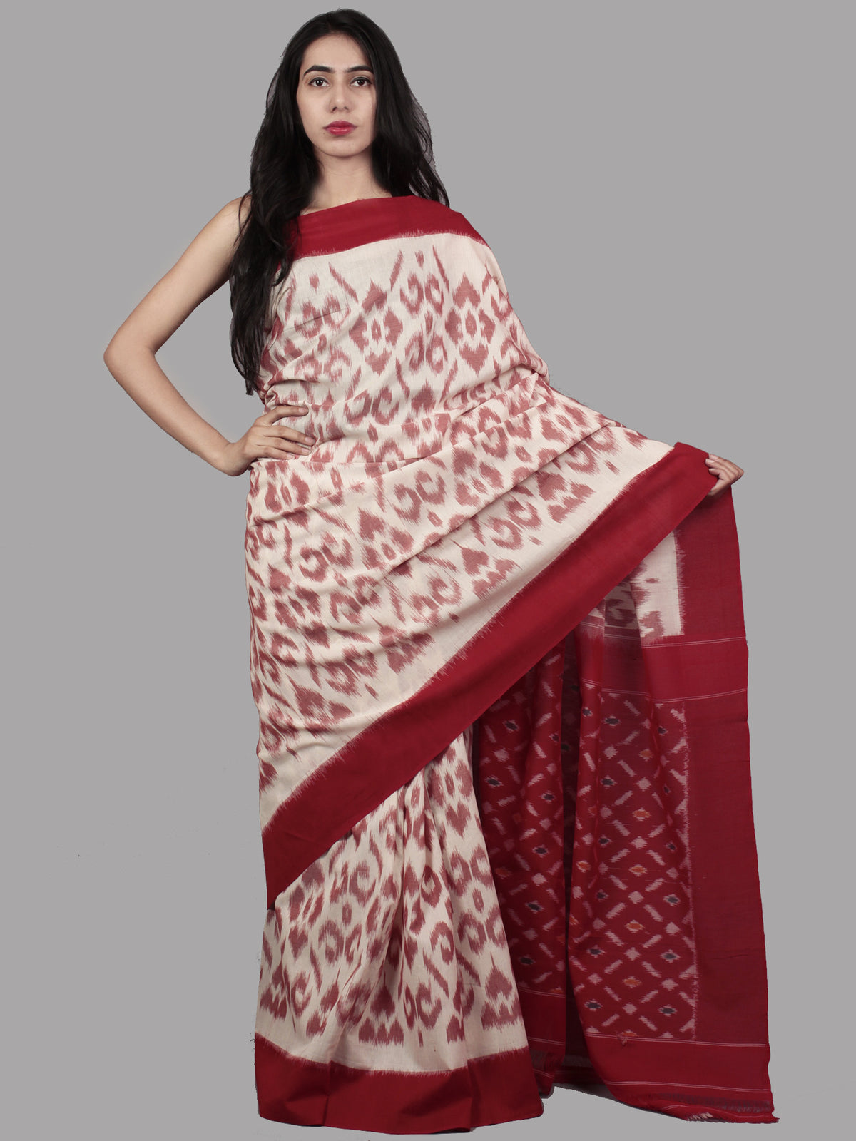 Ivory Pink Red Ikat Handwoven Pochampally Mercerized Cotton Saree - S031701496
