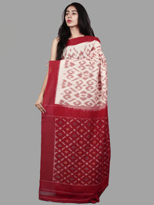 Ivory Pink Red Ikat Handwoven Pochampally Mercerized Cotton Saree - S031701496