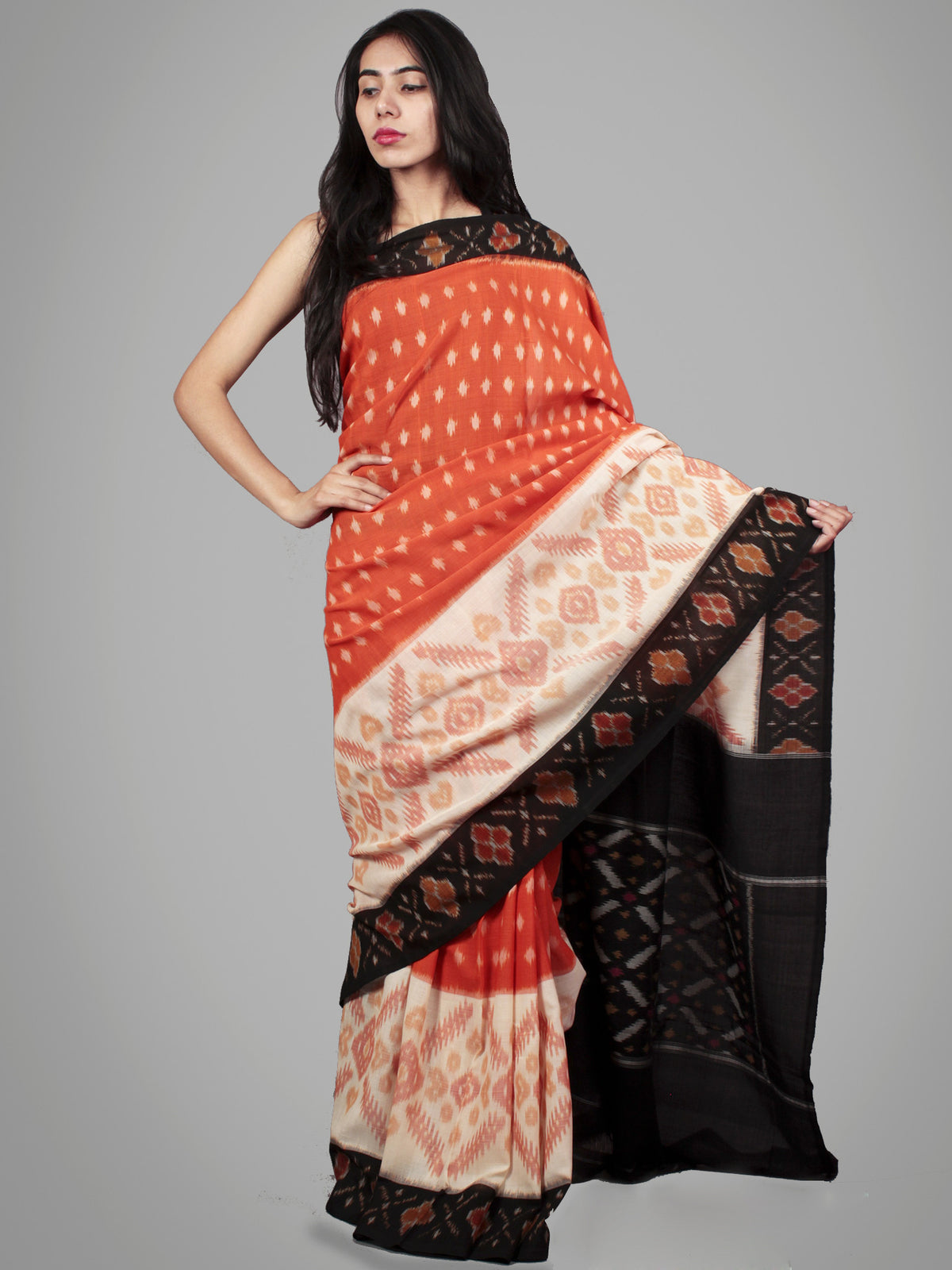 Pastel Orange Black Ivory Pink Ikat Handwoven Pochampally Mercerized Cotton Saree - S031701498
