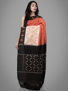 Pastel Orange Black Ivory Pink Ikat Handwoven Pochampally Mercerized Cotton Saree - S031701498