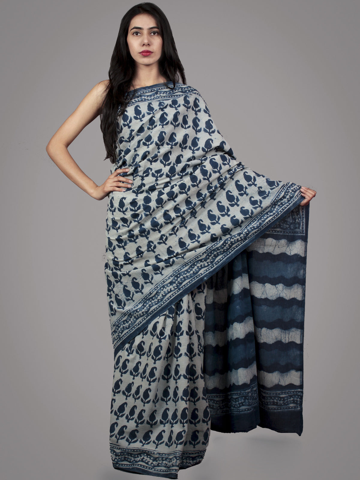 Indigo Ivory Hand Block Printed in Natural Colors Cotton Saree - S031701499