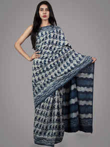 Indigo Ivory Hand Block Printed in Natural Colors Cotton Saree - S031701499