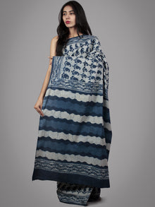 Indigo Ivory Hand Block Printed in Natural Colors Cotton Saree - S031701499