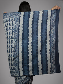 Indigo Ivory Hand Block Printed in Natural Colors Cotton Saree - S031701499