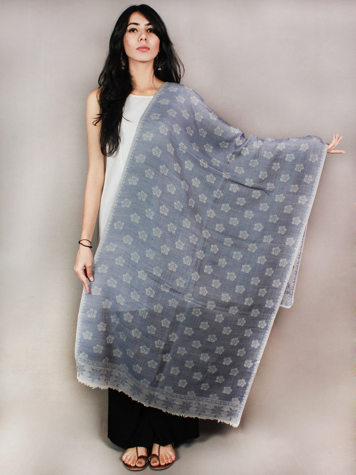 Blue Grey Pure Wool Stole from Kashmir - S6317087