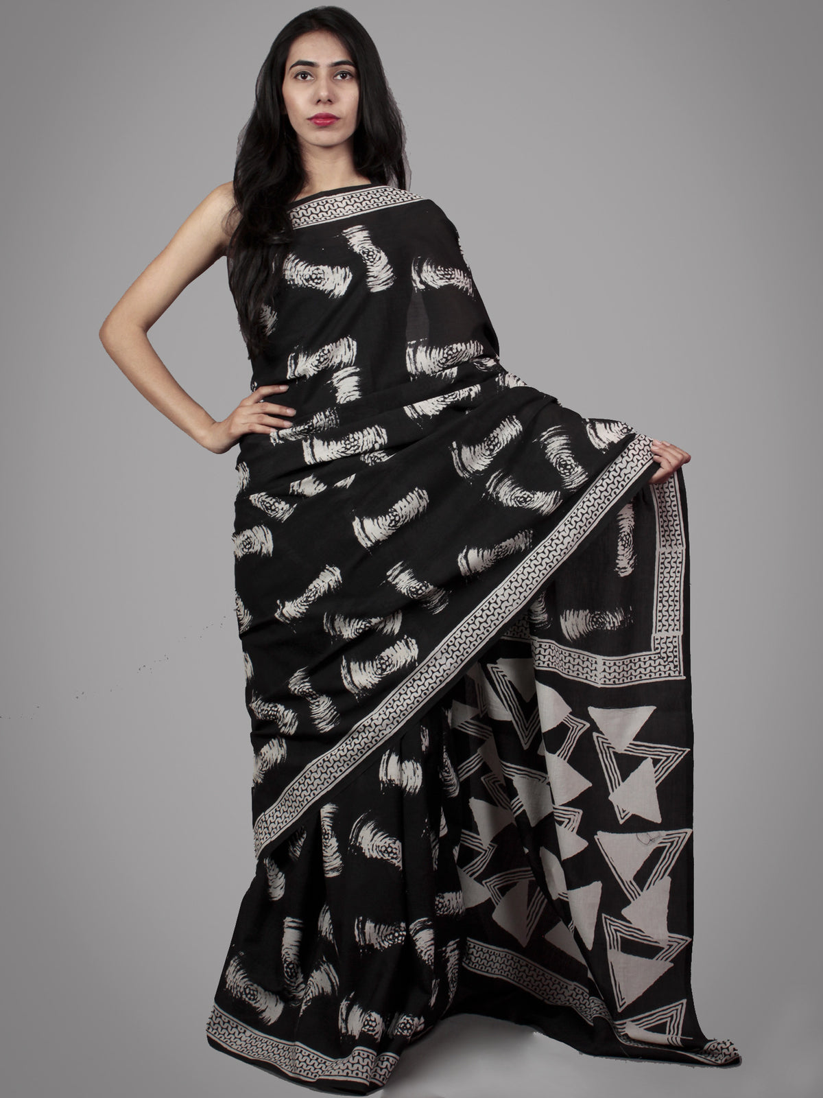 Black White Grey Hand Block Painted & Printed Cotton Mul Saree - S031701500