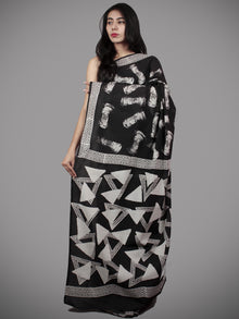 Black White Grey Hand Block Painted & Printed Cotton Mul Saree - S031701500