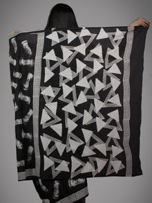 Black White Grey Hand Block Painted & Printed Cotton Mul Saree - S031701500