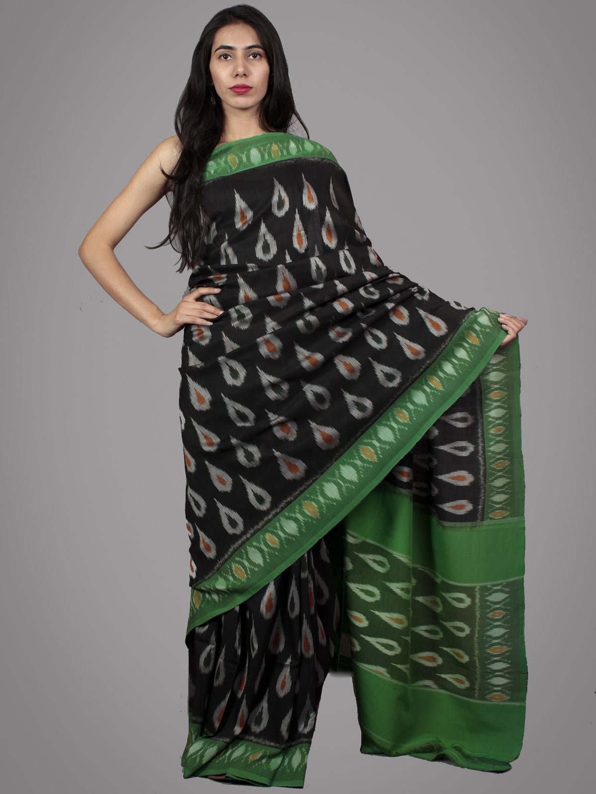 Black Green Multi Color Ikat Handwoven Pochampally Mercerized Cotton Saree - S031701501