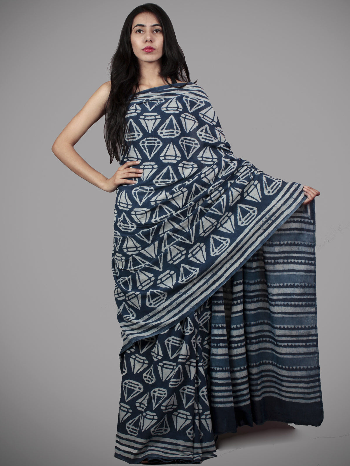 Indigo Ivory Hand Block Printed in Natural Colors Cotton Saree - S031701502