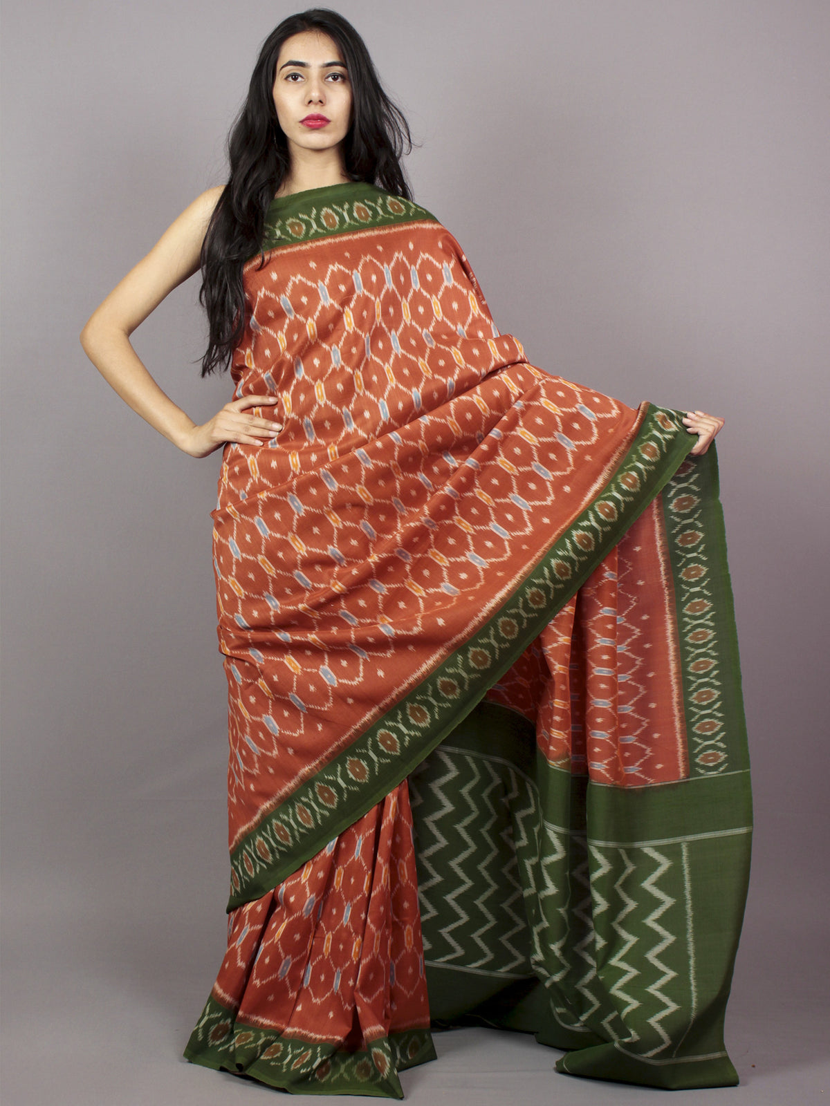 Rust Green Orange Blue Ikat Handwoven Pochampally Mercerized Cotton Saree - S031701508