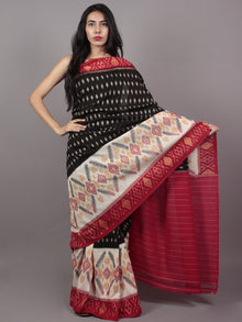Black Ivory Maroon Ikat Handwoven Pochampally Mercerized Cotton Saree - S031701509