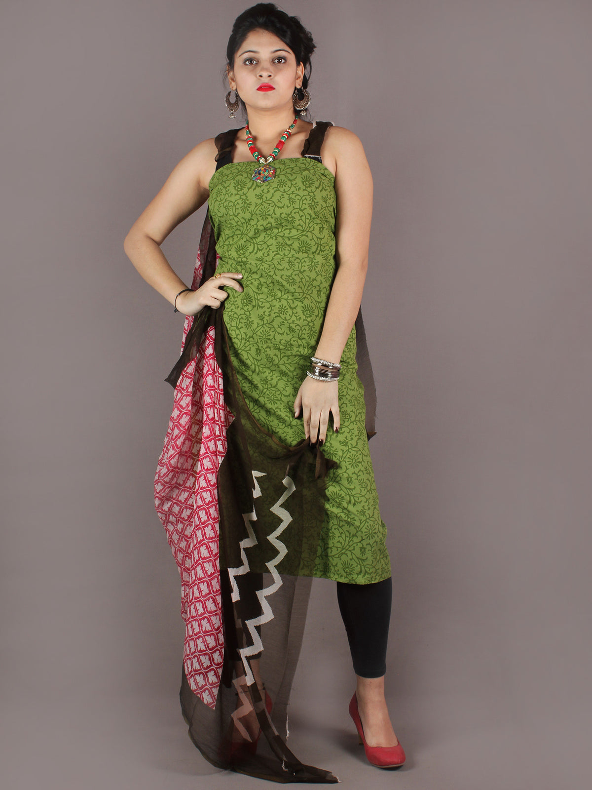 Asparagus Green Hand Block Printed Cotton Suit-Salwar Fabric With Chiffon Dupatta - S1628151