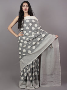 Pastel Grey Ivory Ikat Handwoven Pochampally Mercerized Cotton Saree - S031701511