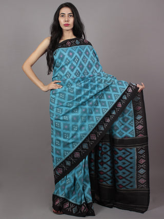 Sky Blue Black Multi Color Ikat Handwoven Pochampally Mercerized Cotton Saree - S031701512