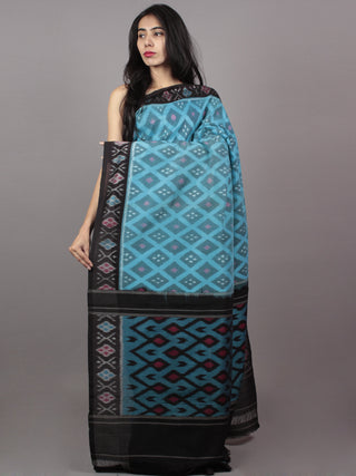 Sky Blue Black Multi Color Ikat Handwoven Pochampally Mercerized Cotton Saree - S031701512