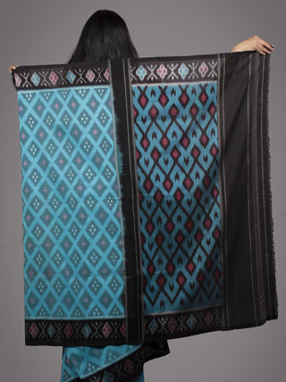 Sky Blue Black Multi Color Ikat Handwoven Pochampally Mercerized Cotton Saree - S031701512