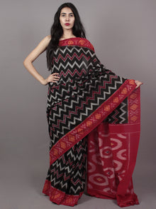 Black Red Grey Maroon Ikat Handwoven Pochampally Mercerized Cotton Saree - S031701518