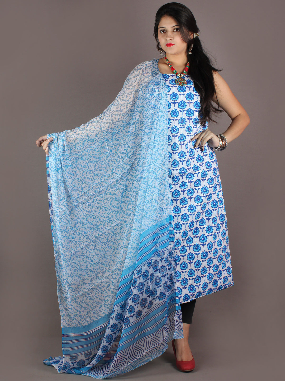 White Sky Blue Indigo Hand Block Printed Cotton Suit-Salwar Fabric With Chiffon Dupatta - S1628152