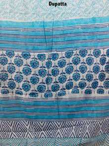 White Sky Blue Indigo Hand Block Printed Cotton Suit-Salwar Fabric With Chiffon Dupatta - S1628152