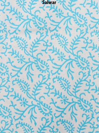 White Sky Blue Indigo Hand Block Printed Cotton Suit-Salwar Fabric With Chiffon Dupatta - S1628152