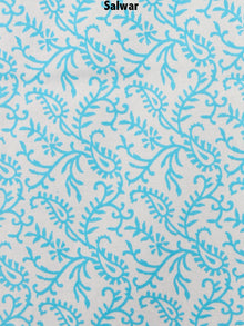 White Sky Blue Indigo Hand Block Printed Cotton Suit-Salwar Fabric With Chiffon Dupatta - S1628152