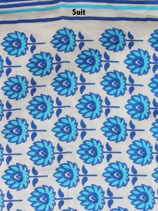 White Sky Blue Indigo Hand Block Printed Cotton Suit-Salwar Fabric With Chiffon Dupatta - S1628152