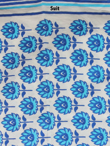 White Sky Blue Indigo Hand Block Printed Cotton Suit-Salwar Fabric With Chiffon Dupatta - S1628152