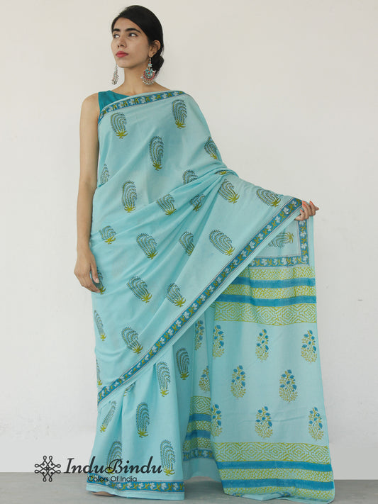 Arctic Blue Green Hand Block Printed Cotton Mul Saree - S031702524