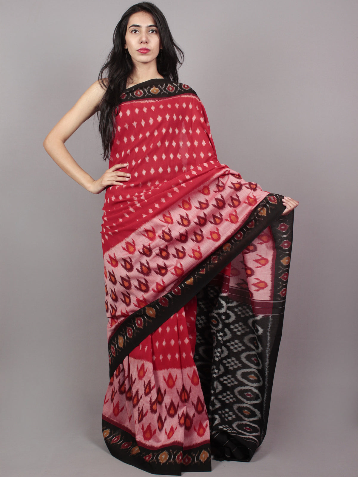 Red Maroon Black Ivory Ikat Handwoven Pochampally Mercerized Cotton Saree - S031701521