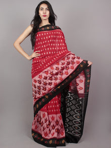 Red Maroon Black Ivory Ikat Handwoven Pochampally Mercerized Cotton Saree - S031701521