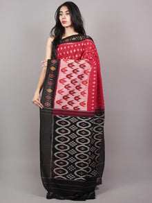 Red Maroon Black Ivory Ikat Handwoven Pochampally Mercerized Cotton Saree - S031701521