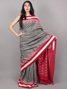 Grey Red Pink Ivory Ikat Handwoven Pochampally Mercerized Cotton Saree - S031701523