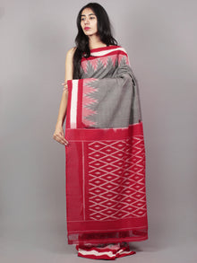 Grey Red Pink Ivory Ikat Handwoven Pochampally Mercerized Cotton Saree - S031701523