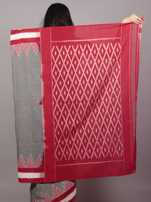 Grey Red Pink Ivory Ikat Handwoven Pochampally Mercerized Cotton Saree - S031701523