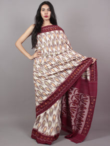 Maroon Ivory Ikat Handwoven Pochampally Mercerized Cotton Saree - S031701526