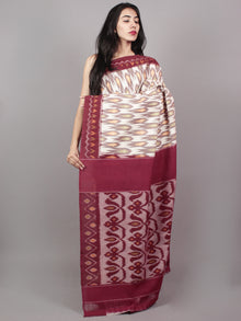 Maroon Ivory Ikat Handwoven Pochampally Mercerized Cotton Saree - S031701526