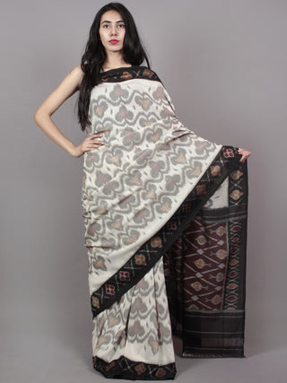 Ivory Grey Black Maroon Ikat Handwoven Pochampally Mercerized Cotton Saree - S031701527