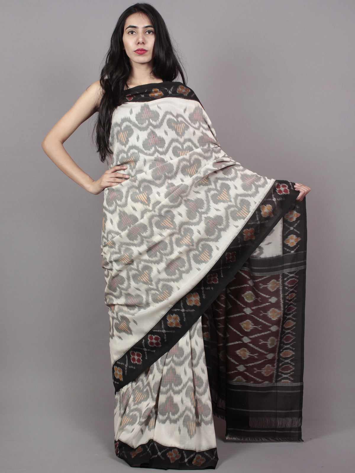 Ivory Grey Black Maroon Ikat Handwoven Pochampally Mercerized Cotton Saree - S031701527