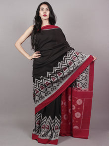 Black Red Grey Maroon Ikat Handwoven Pochampally Mercerized Cotton Saree - S031701528