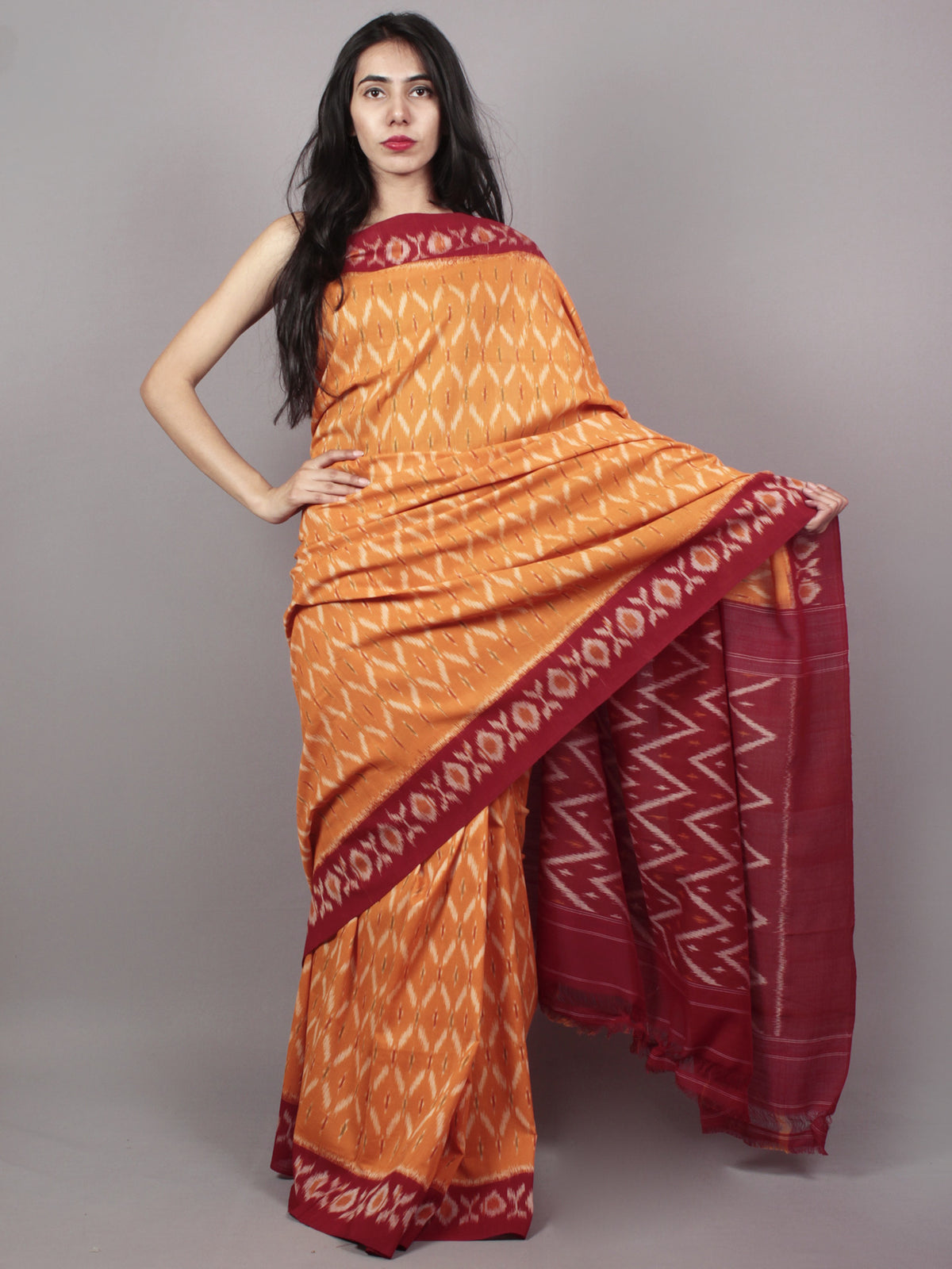Orange Maroon Ivory Ikat Handwoven Pochampally Mercerized Cotton Saree - S031701529