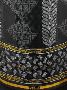 Black White Yellow Hand Block Printed Cotton Suit-Salwar Fabric With Chiffon Dupatta - S1628153