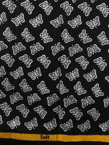 Black White Yellow Hand Block Printed Cotton Suit-Salwar Fabric With Chiffon Dupatta - S1628153