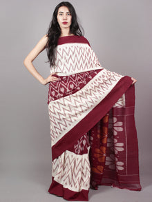 Ivory Maroon Orange Ikat Handwoven Pochampally Mercerized Cotton Saree - S031701530