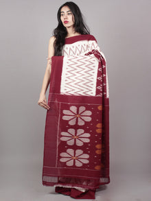 Ivory Maroon Orange Ikat Handwoven Pochampally Mercerized Cotton Saree - S031701530