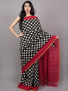 Black Ivory Red Double Ikat Handwoven Pochampally Mercerized Cotton Saree - S031701532