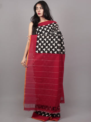Black Ivory Red Double Ikat Handwoven Pochampally Mercerized Cotton Saree - S031701532